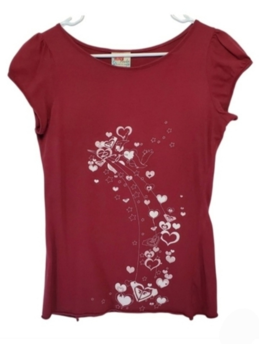 2347 * Roxy Red Graphic Heart Print Cap Sleeve Vintage Top L Vintage 90s Y2K